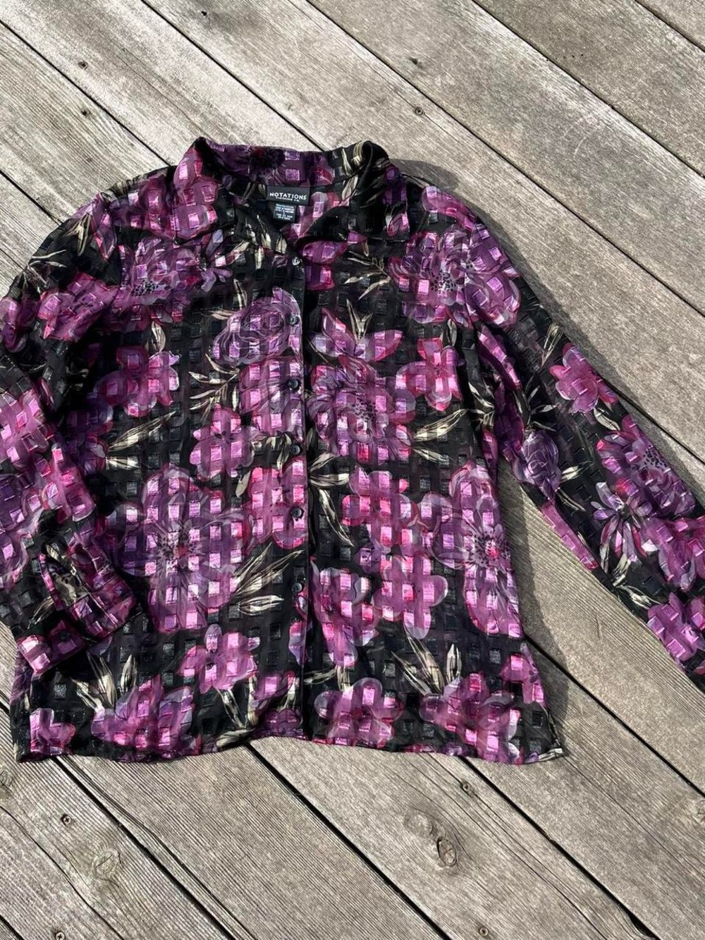 Notations purple sheer floral button up